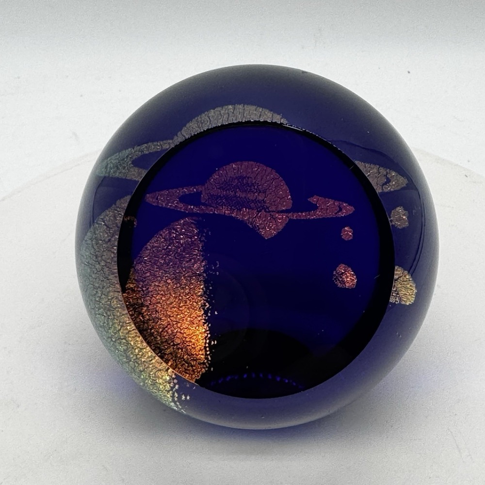 Glass Eye Studio Saturn Paperweight Signed GES 04 Celestial Cobalt Art Glass Vtg
